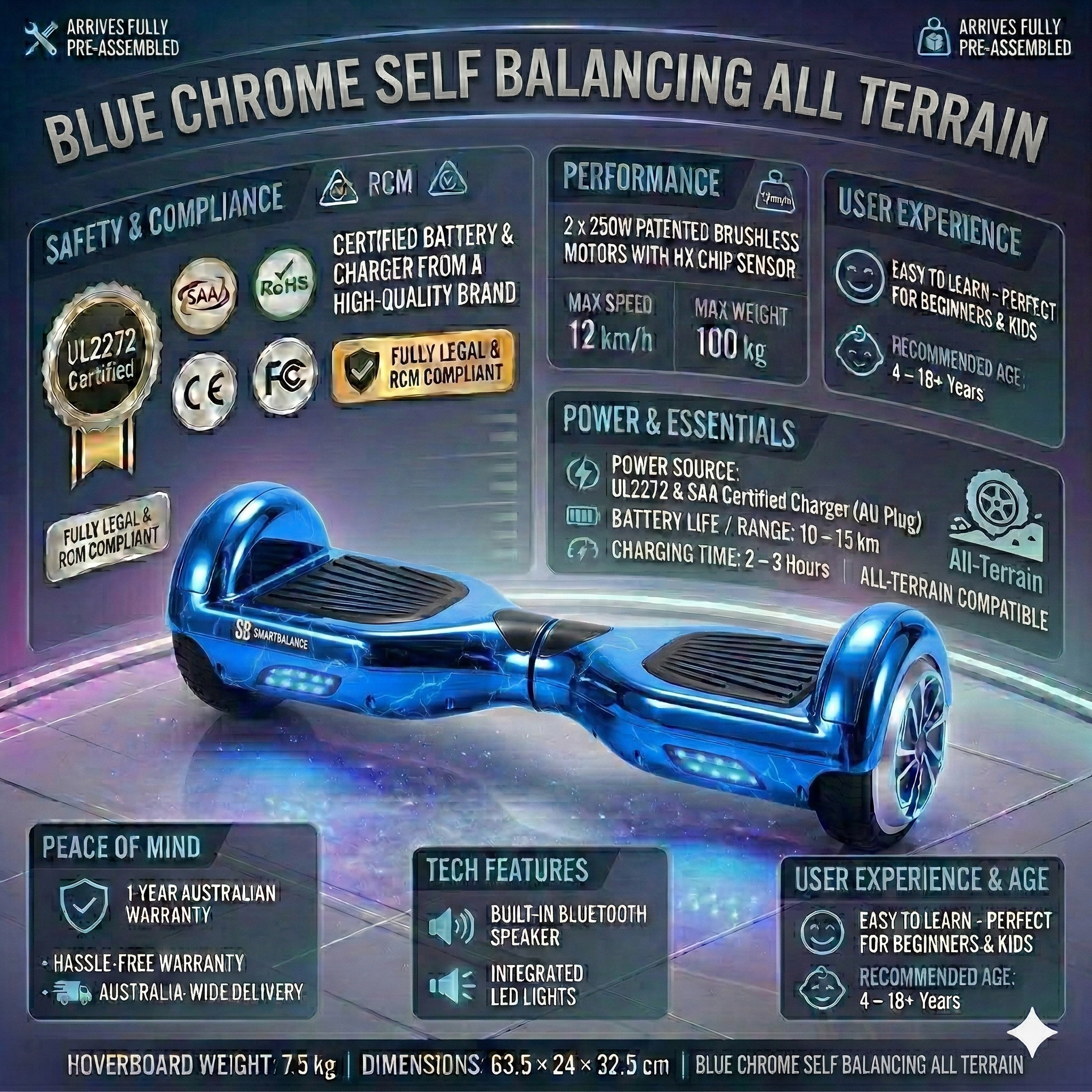 Australia Hoverboards 6.5 inch | Blue Chrome Self Balancing All Terrain